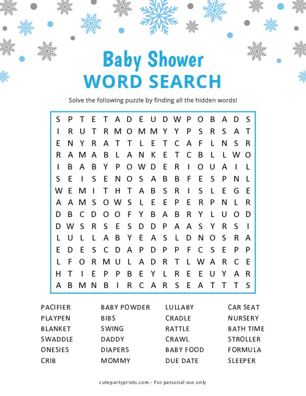 Blue Silver Snowflake Baby Word Search