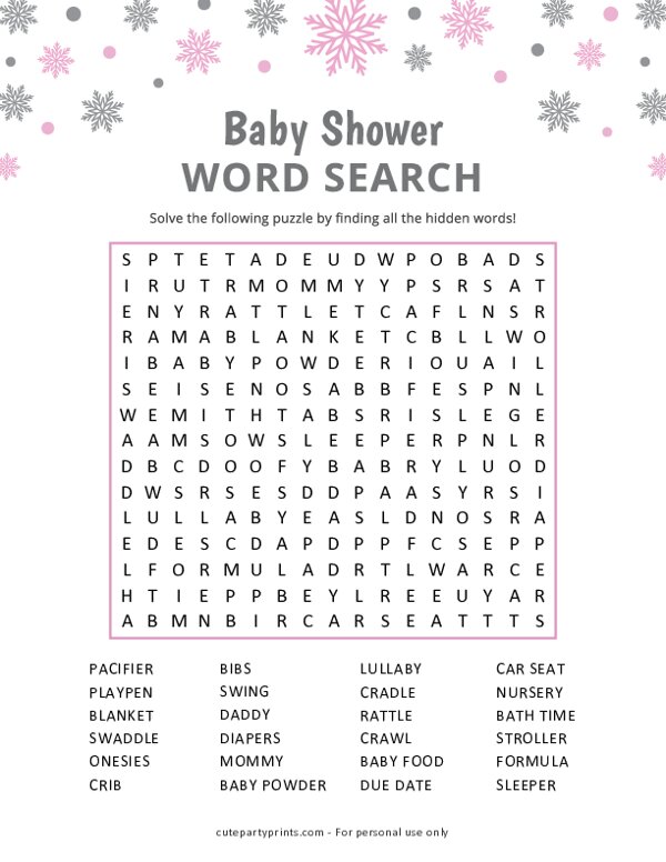 Pink Silver Snowflake Baby Word Search