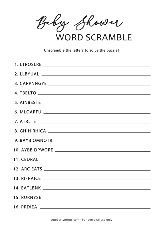 Baby Shower Word Scramble