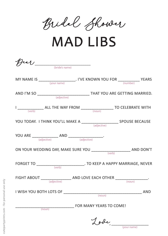 Bridal Shower Mad Libs