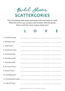 Bridal Shower Scattergories