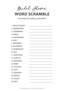 Bridal Shower Word Scramble