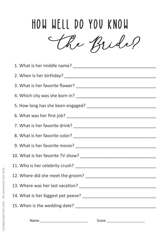 Free Printable How Well do you Know the Bride?