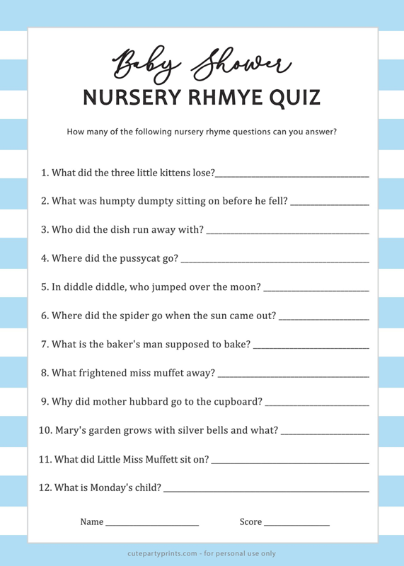 Baby Shower Nursery Rhyme Game (Blue)