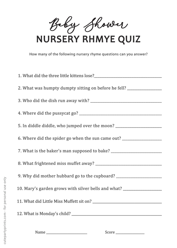 Nursery Rhyme Baby Shower Game