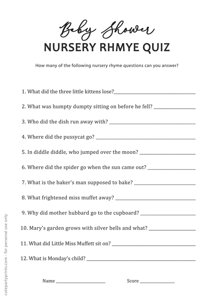 Nursery Rhyme Baby Shower Game