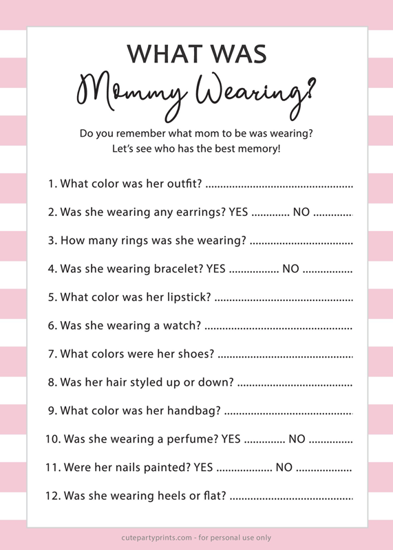 Free Printable What was Mommy Wearing baby Shower Game