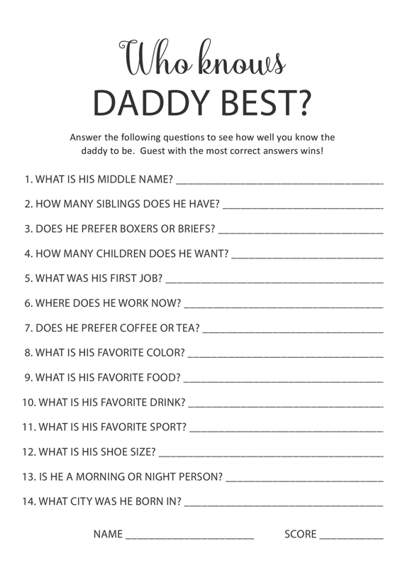 Who Knows Daddy Best Baby Shower Game