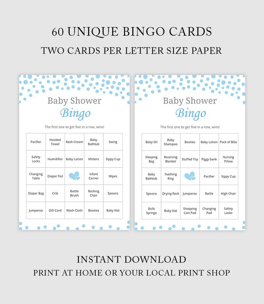 60 Blue Polka Dot Baby Shower Bingo Cards