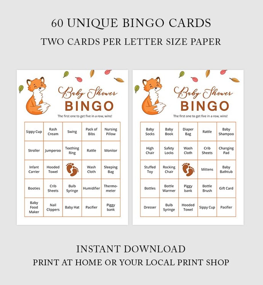 60 Fox Baby Shower Bingo Cards