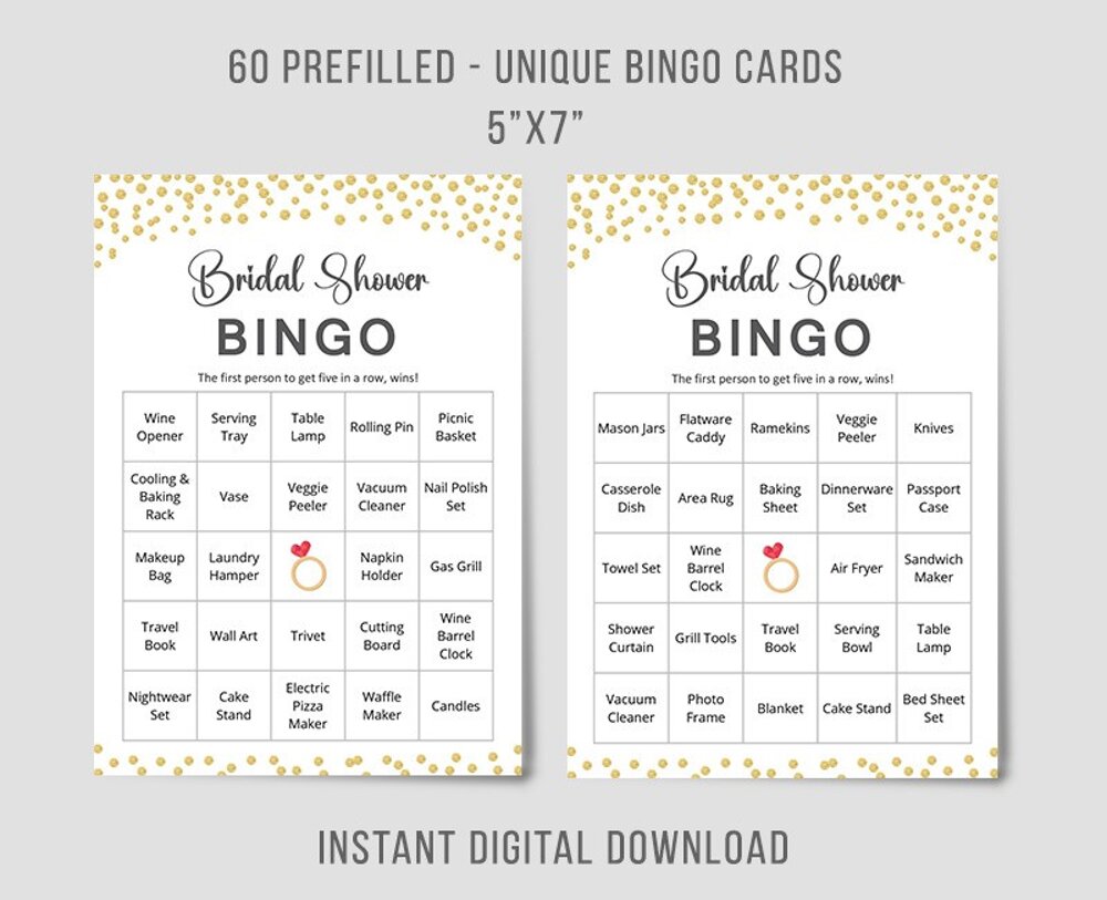 60 Golden Polka Dot Bridal Shower Bingo Cards
