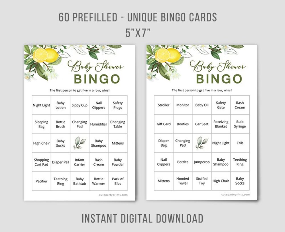 60 Lemon Baby Shower Bingo Cards