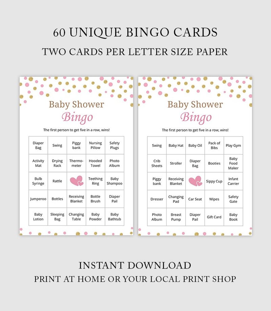 60 Pink Gold Baby Shower Bingo Cards
