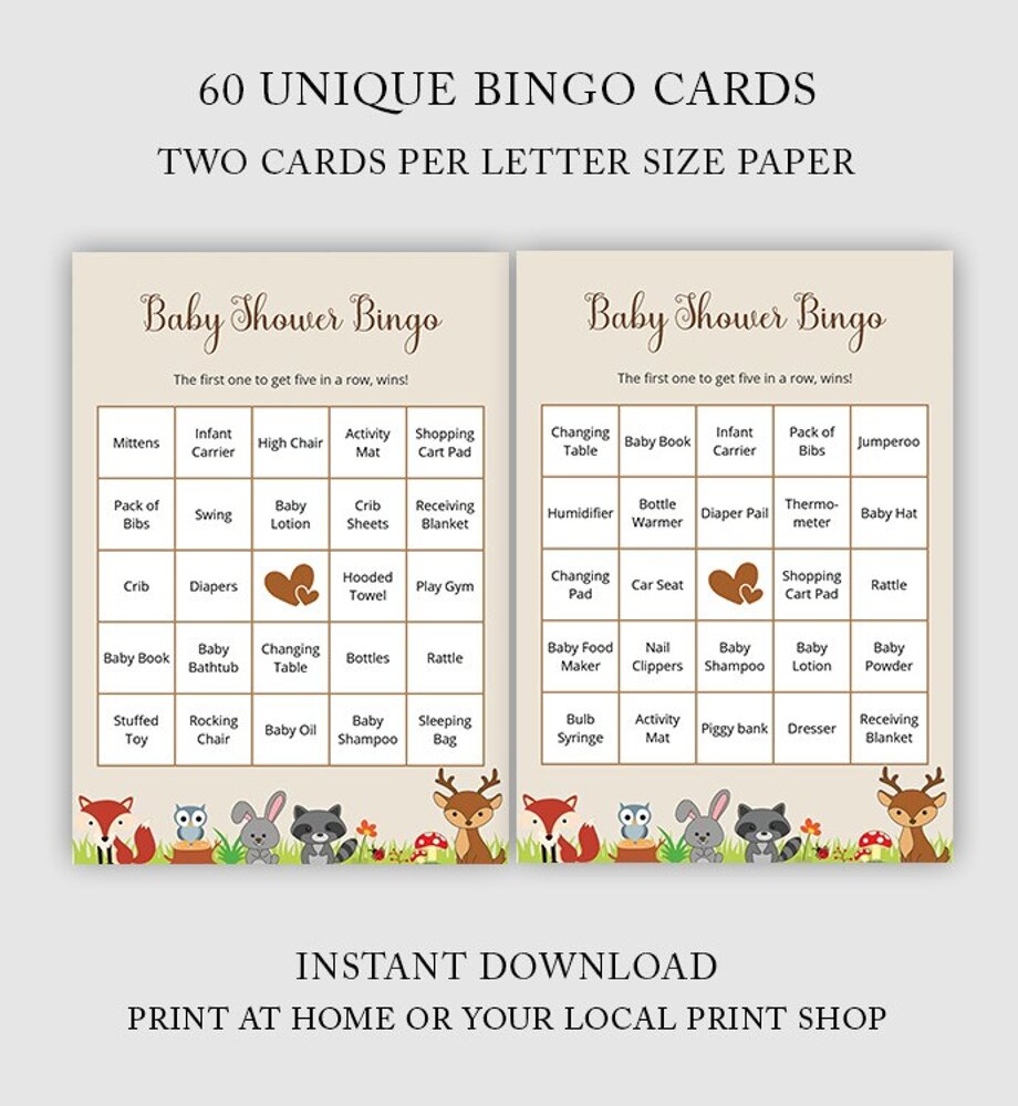 60 Woodland Baby Shower Bingo Cards