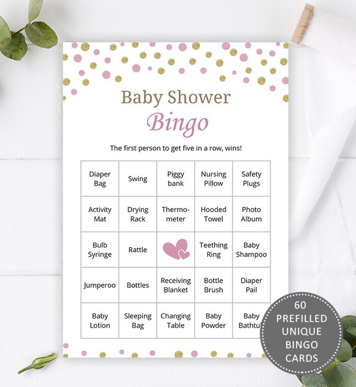 60 Pink Gold Baby Shower Bingo Cards