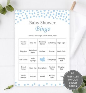 60 Blue Polka Dot Baby Shower Bingo Cards