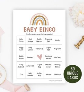 60 Boho Rainbow Baby Shower Bingo Cards