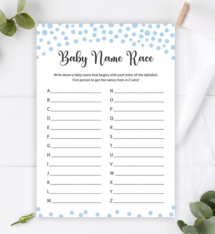 Baby Name Race in Blue Polka Dots