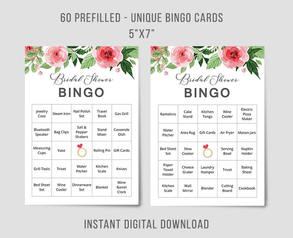 60 Floral Bridal Shower Bingo Cards
