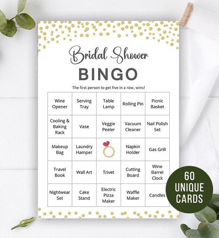 60 Golden Polka Dot Bridal Shower Bingo Cards