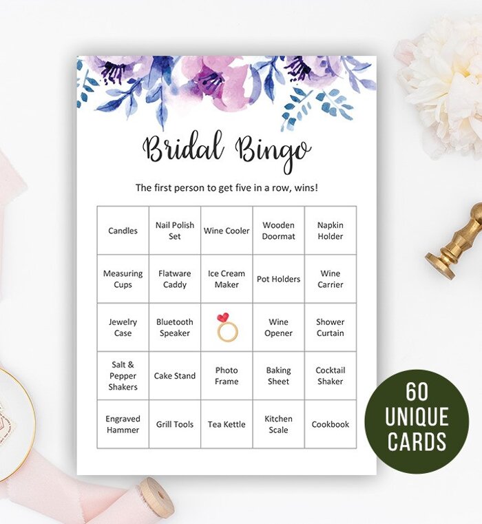 60 Lavender Floral Bridal Shower Bingo Cards