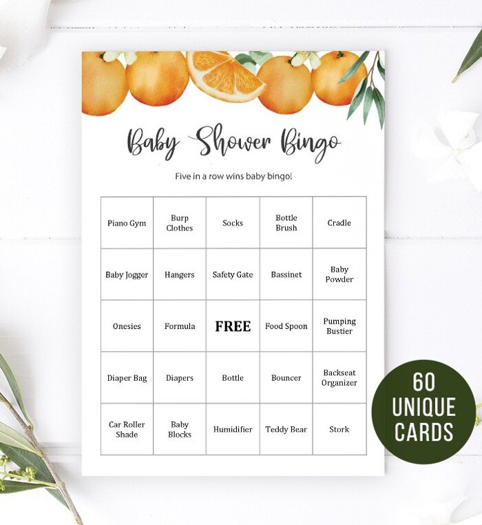 60 Orange Baby Shower Bingo Cards