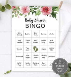 60 Red Floral Baby Shower Bingo Cards