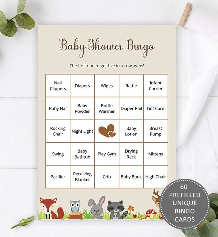 60 Woodland Baby Shower Bingo Cards