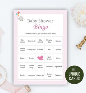 60 Pink Elephant Baby Bingo Cards