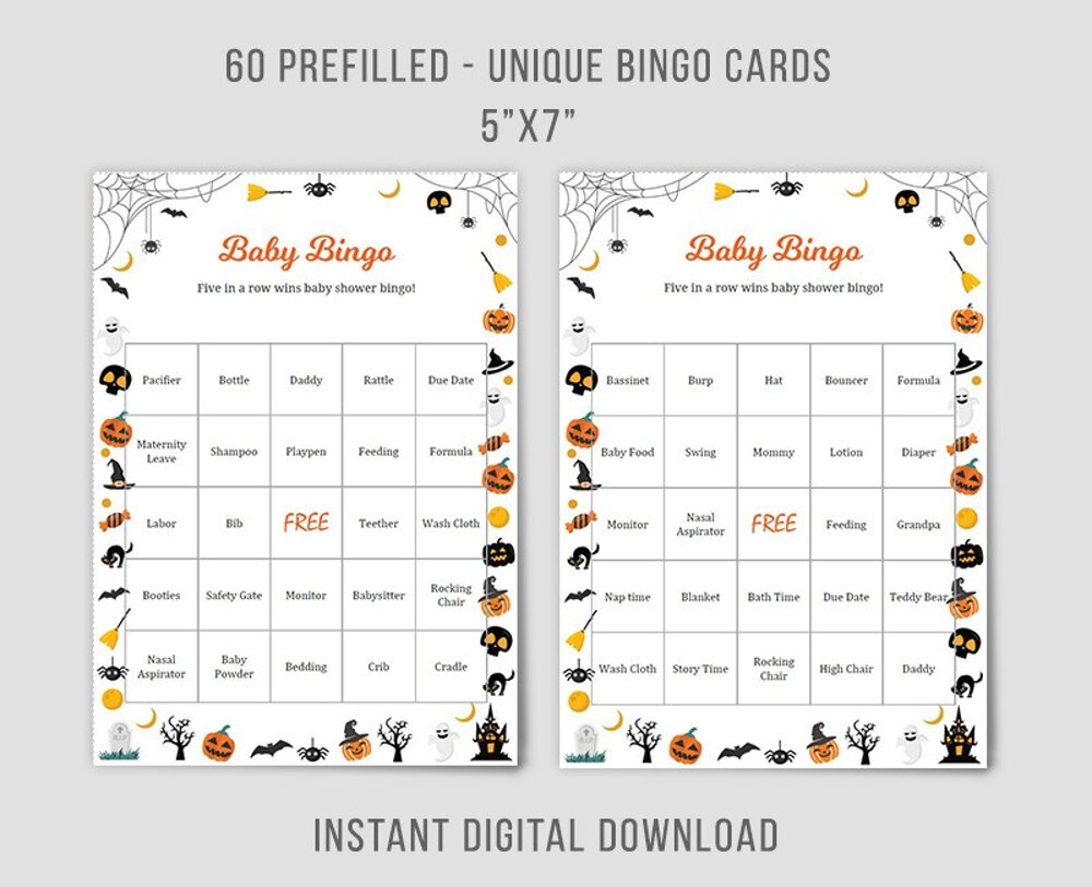 Halloween Baby Shower Bingo | 60 Prefilled Cards 