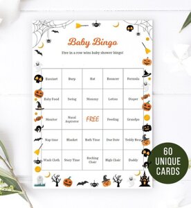 Halloween Baby Shower Bingo | 60 Prefilled Cards 
