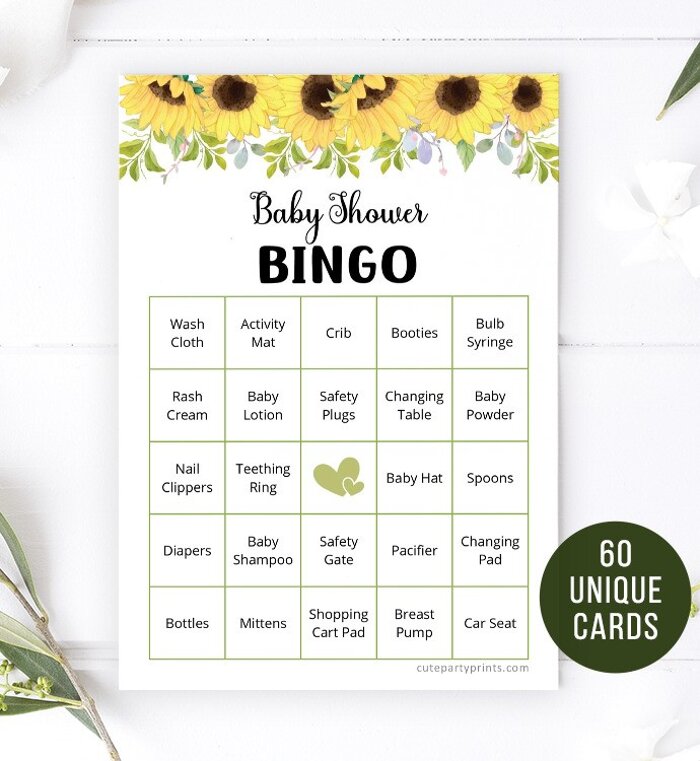 Sunflower Baby Shower Bingo | 60 Prefilled Cards 