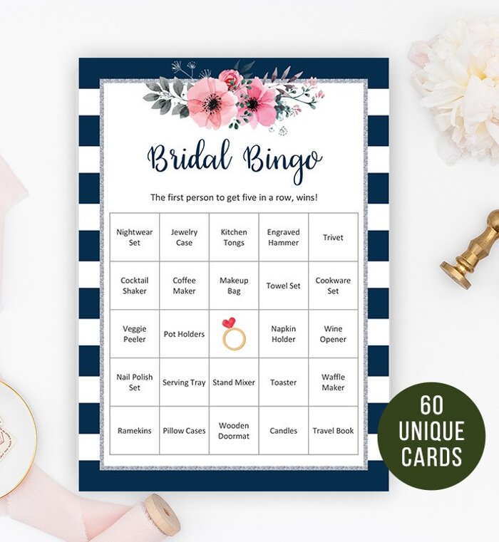 60 Navy Blue Silver Stripes Floral Bridal Shower Bingo Cards