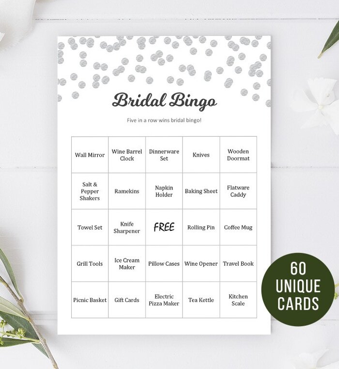 60 Silver Polka Dots Bridal Shower Bingo Cards