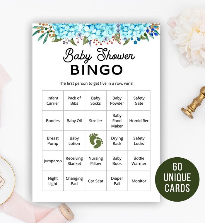 Blue Hydrangea Baby Shower Bingo | 60 Prefilled Cards 