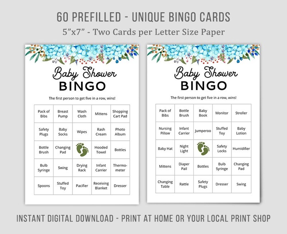 Blue Hydrangea Baby Shower Bingo | 60 Prefilled Cards 