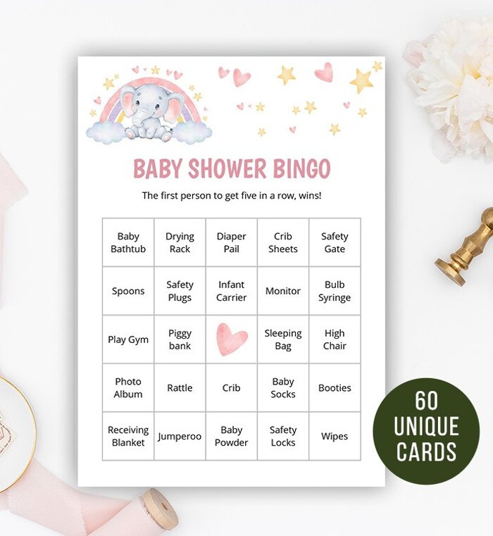 Pink Elephant Baby Shower Bingo | 60 Prefilled Cards 