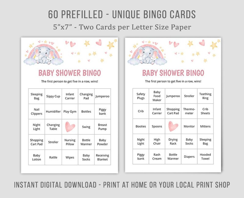 Pink Elephant Baby Shower Bingo | 60 Prefilled Cards 
