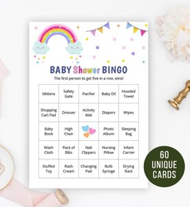 Rainbow Clouds Baby Shower Bingo | 60 Prefilled Cards 