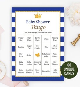 Royal Prince Baby Bingo | 60 Prefilled Cards 
