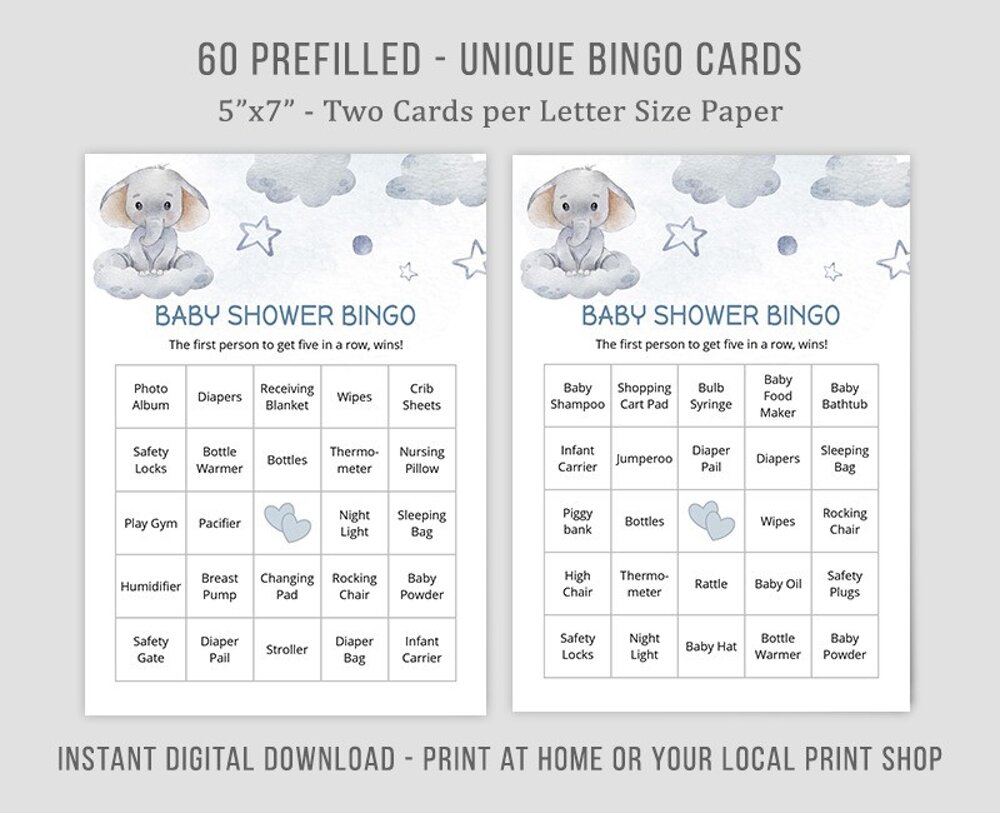 Watercolor Baby Elephant Bingo | 60 Prefilled Cards 