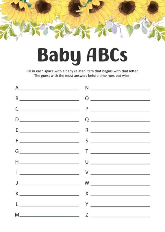 Summer Sunflower ABC Baby Shower Game