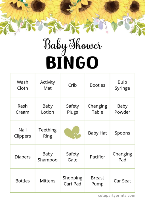 Sunflower Baby Bingo Cards