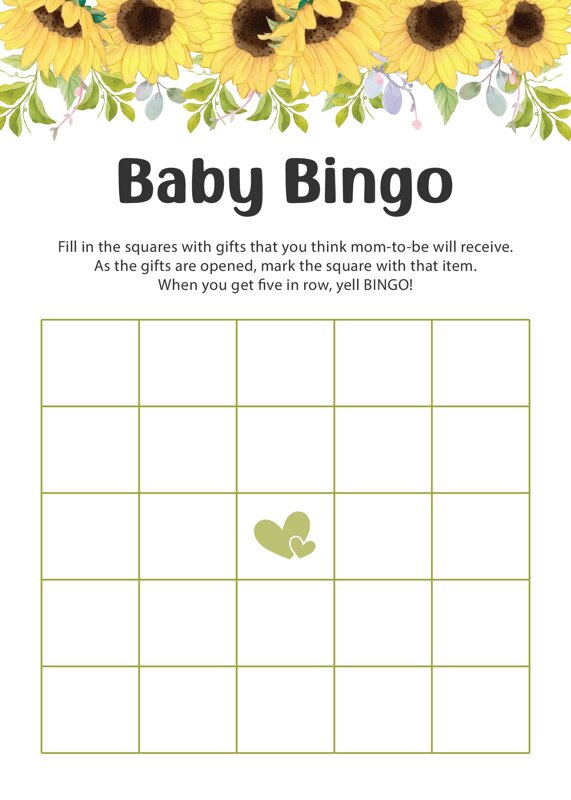 Sunflower Baby Shower Bingo (Blank)