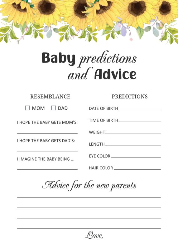 Sunflower Baby Prediction and Advice Cards