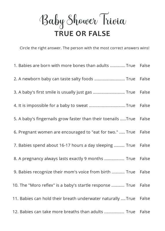 True or False Baby Shower Trivia