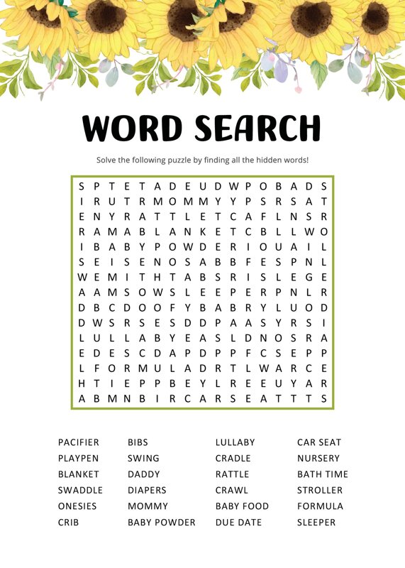 Sunflower Baby Word Search Game Cards