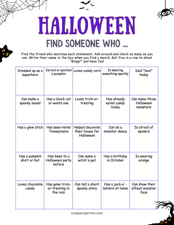 Kids Halloween Find Someone Who Bingo