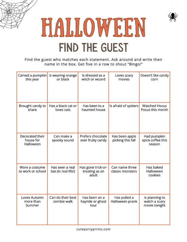 Halloween Find the Guest Bingo