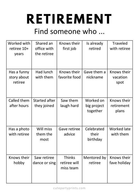 Retirement Find Someone Who Game